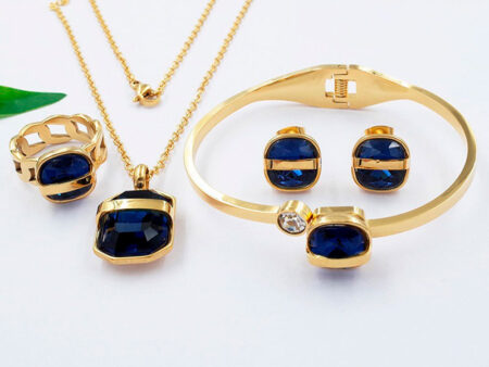 Set dorado 4 piezas piedra azul anillo #8
