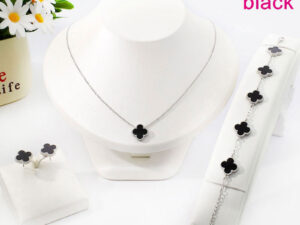 Set plateado gargantilla alhambra negra, pulsera y aretes 1.4cm