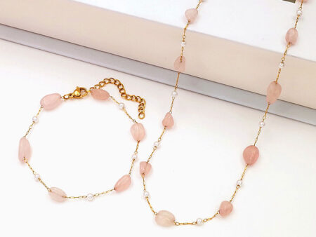 Set dorado Collar y pulsera piedras naturales rosa y perlitas