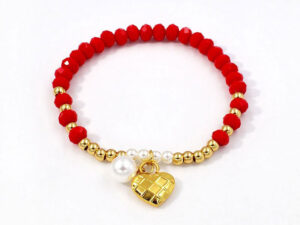 Pulsera elástica cristales rojos dije corazón dorado