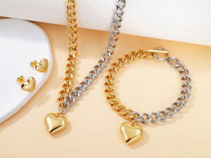 Set dorado Cadena corta doble tono dije corazón 1.6cm