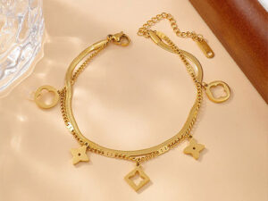 Pulsera dorada doble cadena dijes colgantes