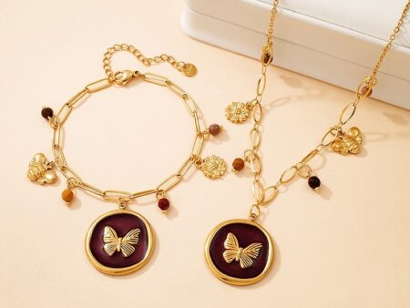 Set dorado Collar y Pulsera Dije Mariposa y charms