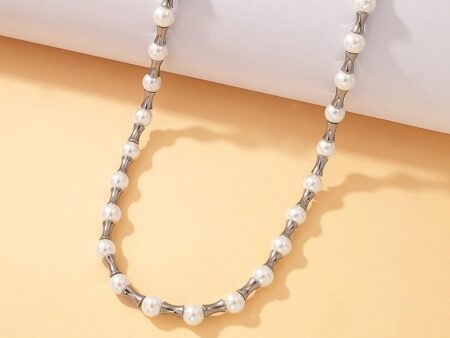 Collar 50cm acero plateado y perlas