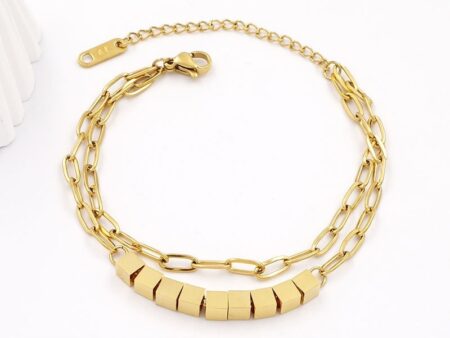 Pulsera dorada doble cadena cuentas cuadradas