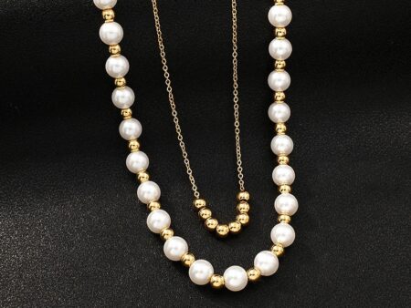 Collar dorado doble perlas blancas