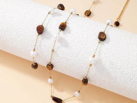 Set dorado collar 40cm y pulsera perlas y piedras ocre