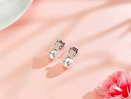 Aretes osito plateado y perla blanca