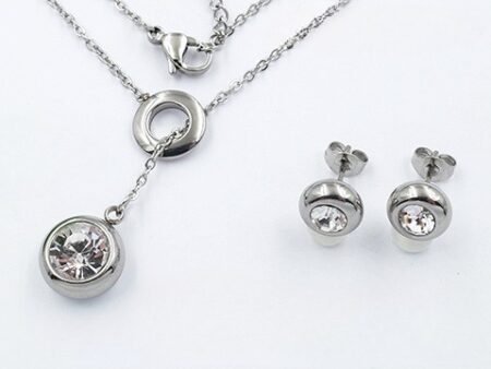 Set plateado Collar ajustable, piedra blanca