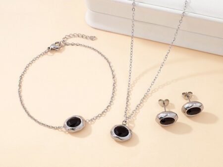 Set plateado 3 piezas piedra negra