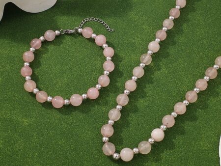 Set plateado Collar, pulsera y aretes piedras naturales rosa