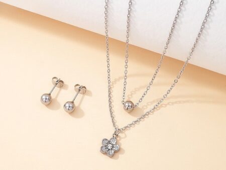 Set plateado Collar doble dije florecita