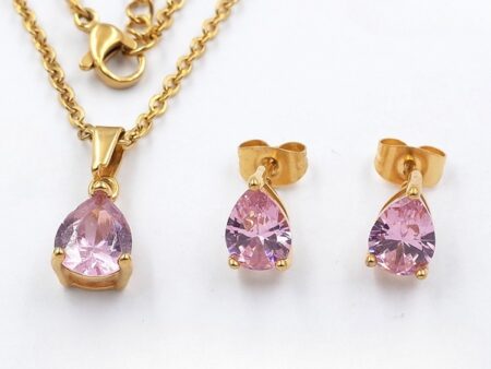Set dorado Dije y aretes gota rosa